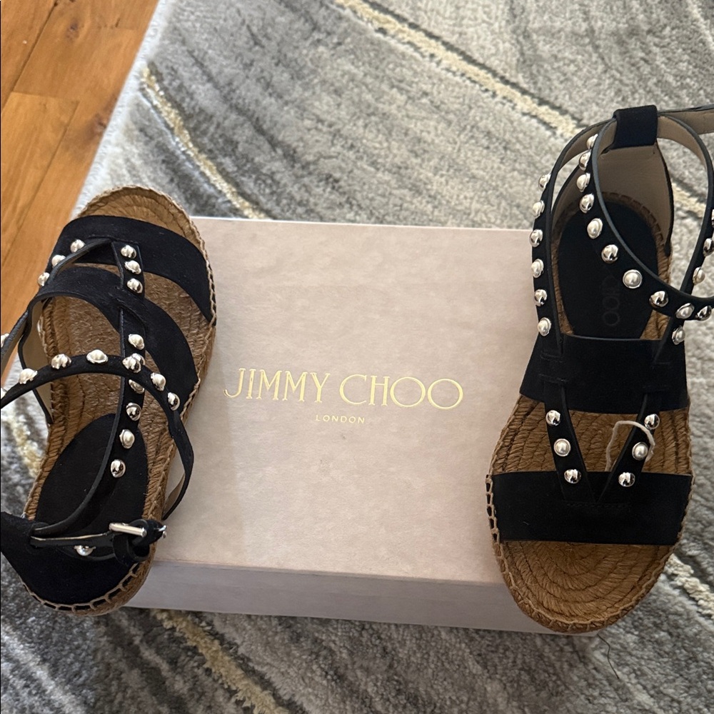 Jimmy Choo Black Suede Studded Espadrille Sandals